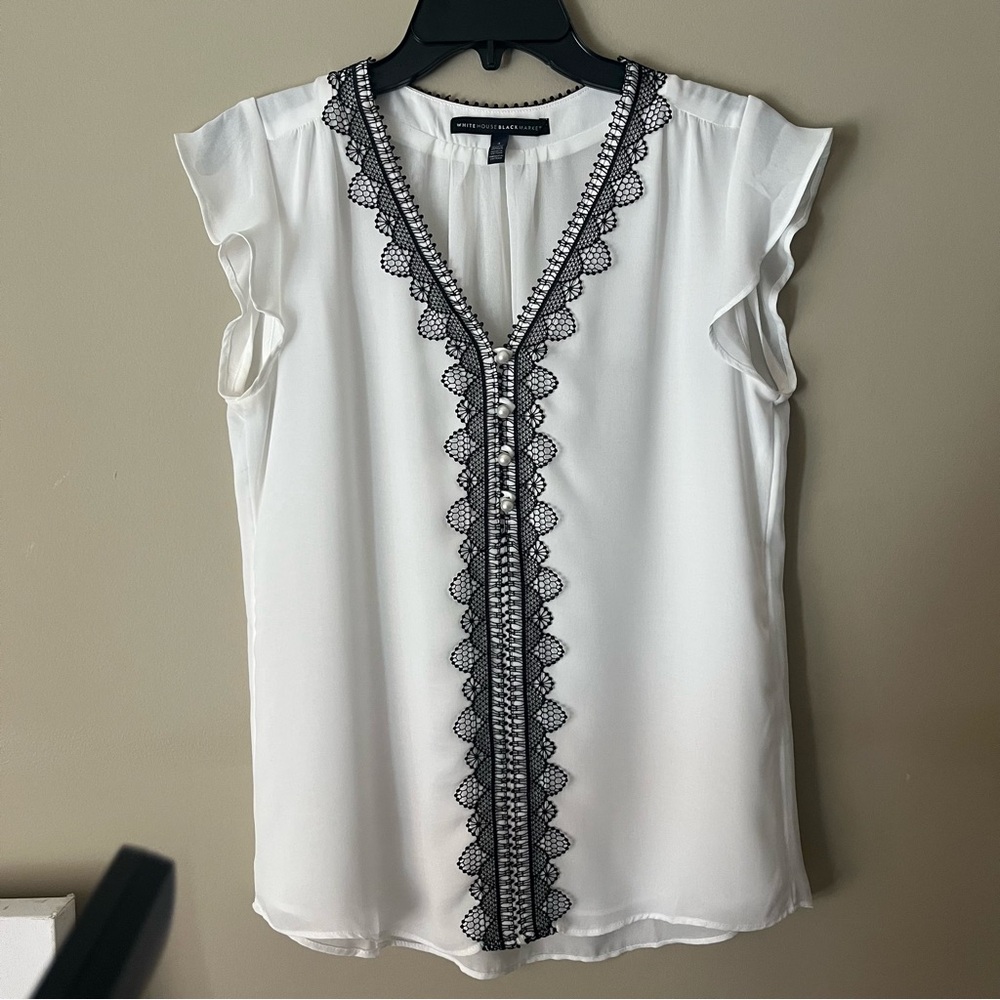 White House Black Market off white Lace Trim Cap-Sleeve Top Size 4